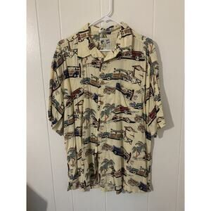 Hawaiian Shirt Tiki Aloha Hawaii Classic Cars Surfboards Palm Trees XL Vintage